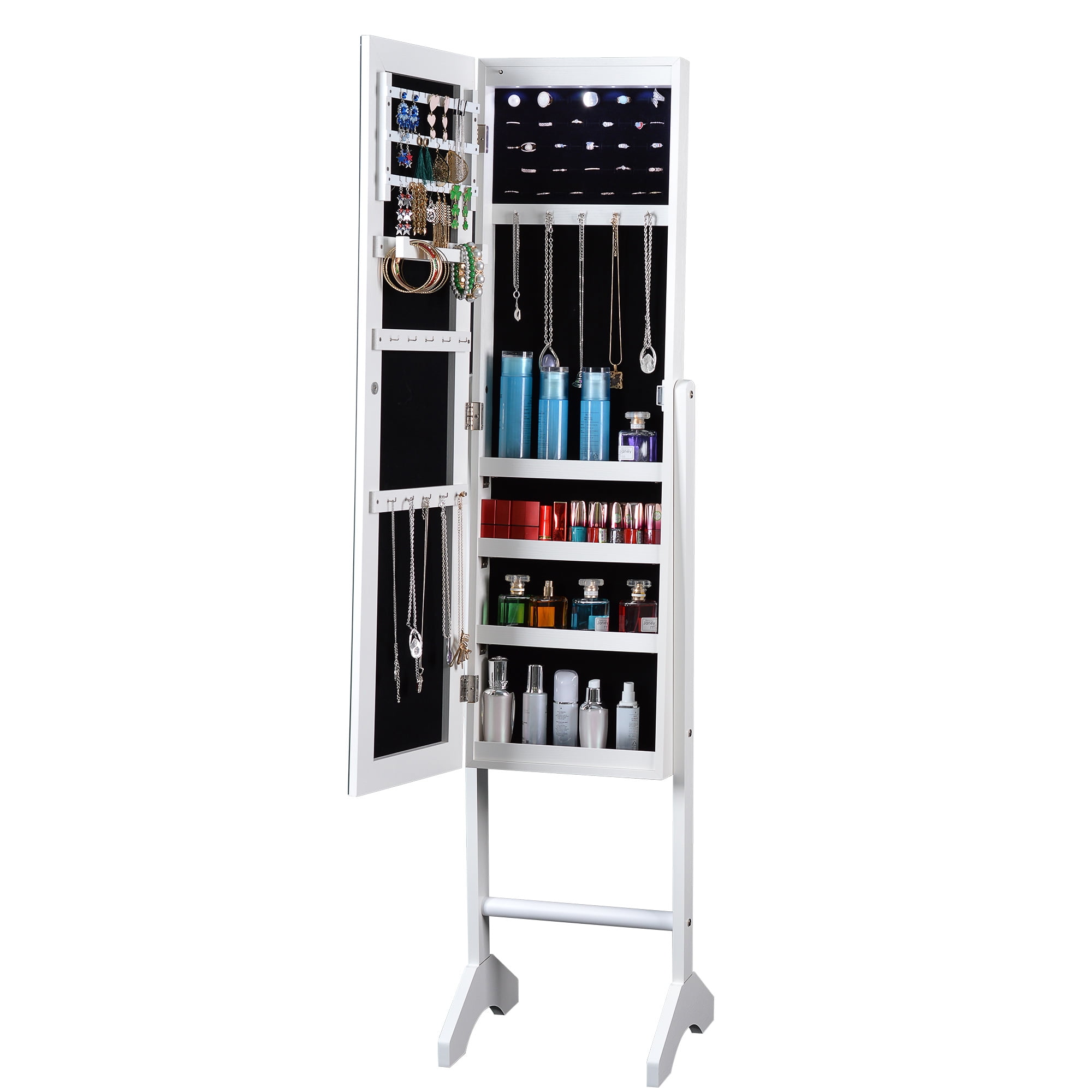 Kepooman Jewelry Mirror Cabinet Organizer, Full Mirror Cosmetic Mirror Cabinet, Freestanding Closet Organizer Cosmetic Tray Rings Necklace Bracelets, White Kepooman Jewelry Mirror Cabinet Organizer, Full Mirror Cosmetic Mirror Cabinet, Freestanding Closet Organizer Cosmetic Tray Rings Necklace Bracelets, White