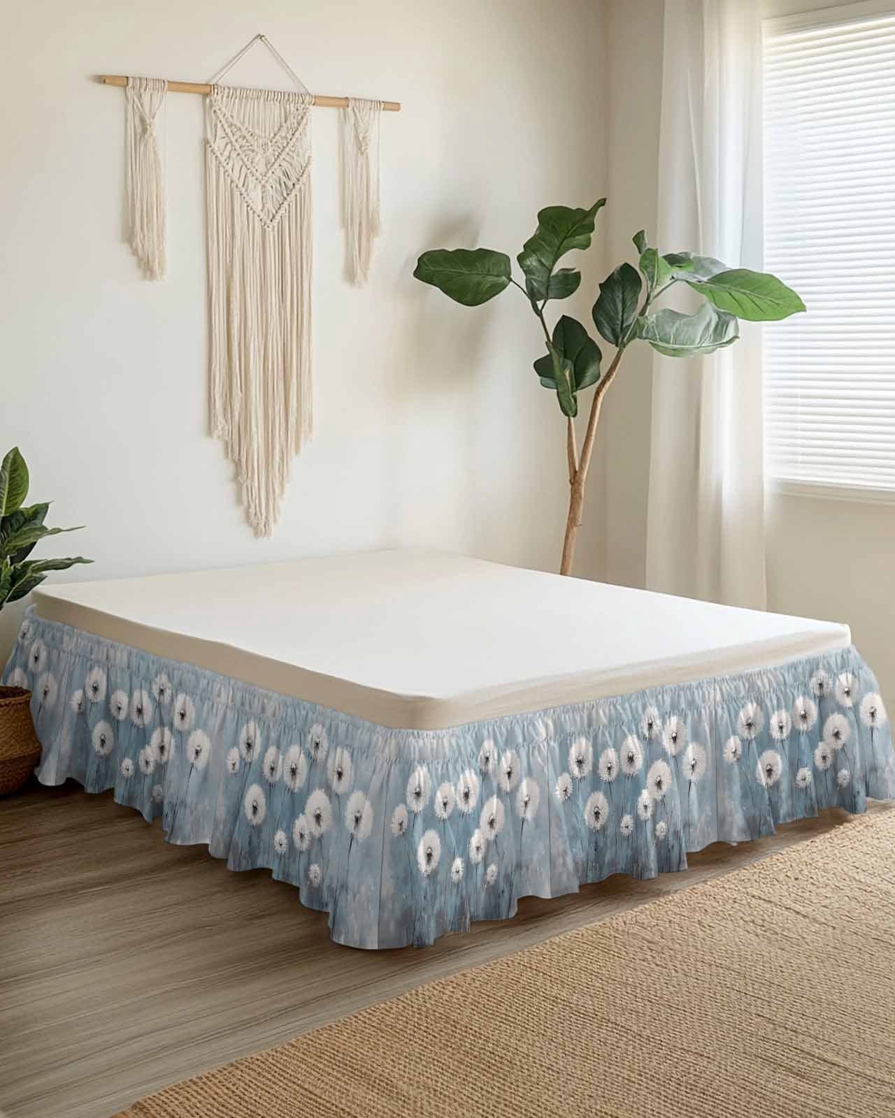 White Dandelion Wrap Around Bed Skirts for Queen Bed 16" Drop,Bed Skirt with Adjustable Elastic Belt Dust Ruffle Bed Valance for Bedroom Hotel Blue Oil Painting Retro Modern Art Bed Frame Cover