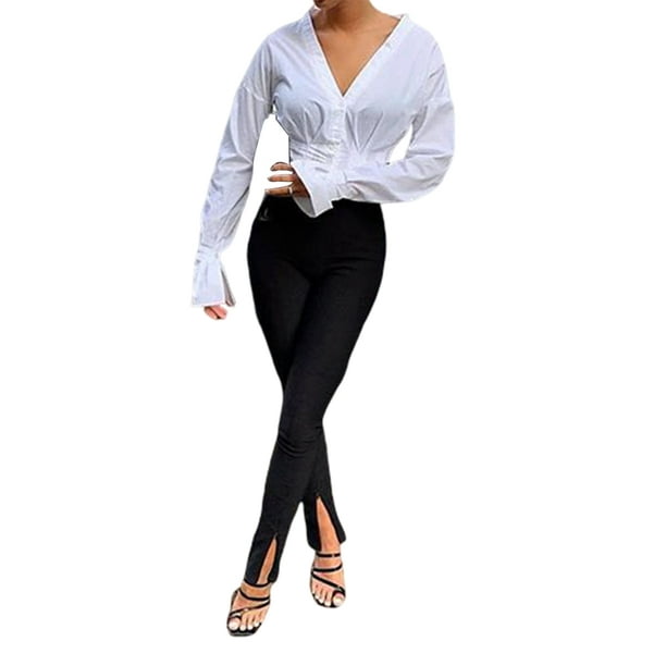 Women Front Slit Slim Fit Trousers High Waist Stretch Pants Elegant Office  Lady Pants 