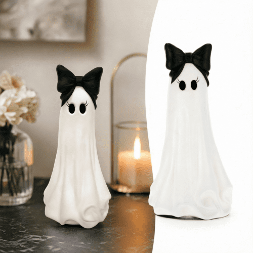 White Ghost Figurine with Black Bow, Halloween Resin Ghost Statue for Tabletop Shelf Desk, Cute Indoor Halloween Decoration for Porch Mantel Party Display