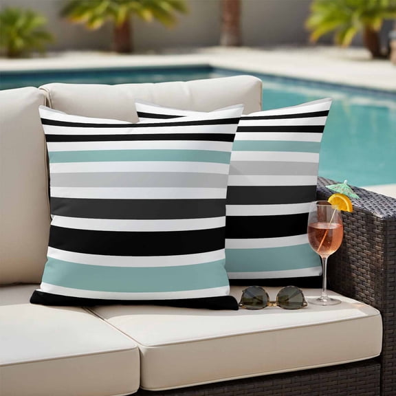 Turquoise Black Stripe Outdoor Pillow Covers 16x16 Inch Throw Pillow Covers Set of 2 Waterproof Decorative Pillow Cases Modern Abstract Coarse Striped Cushion Covers for Patio Furniture Garden Couch