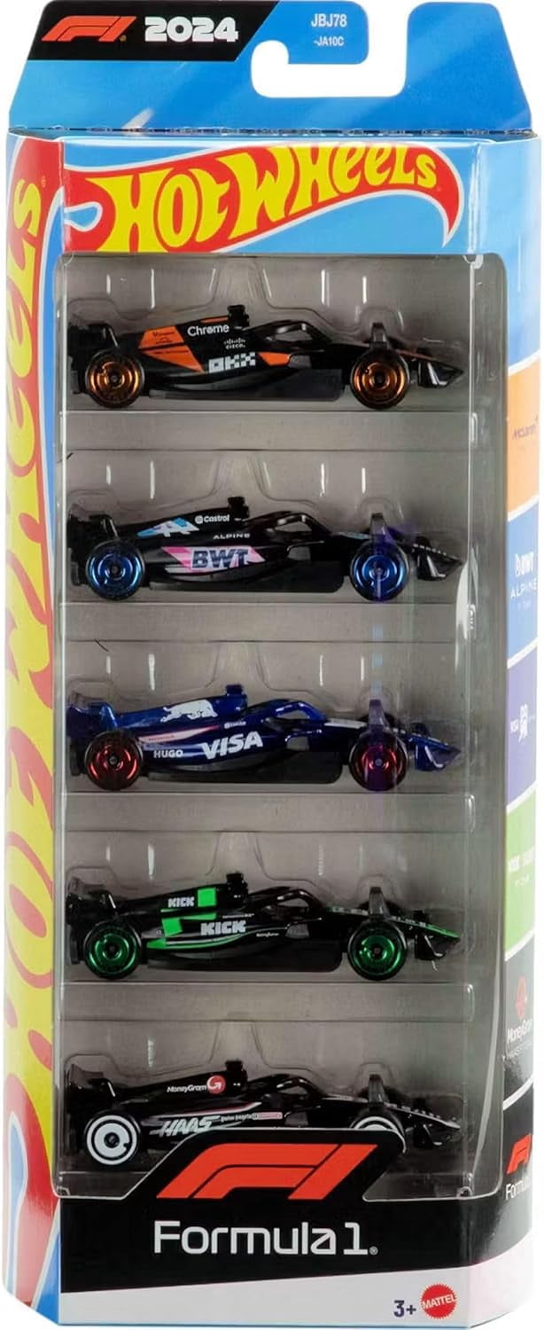 Hot Wheels Formula 1 Die-Cast Cars, Bundle of F1 2024 & 2025 Teams 5 Packs and Scuderia Ferrari HP Short Card, Ages 3+