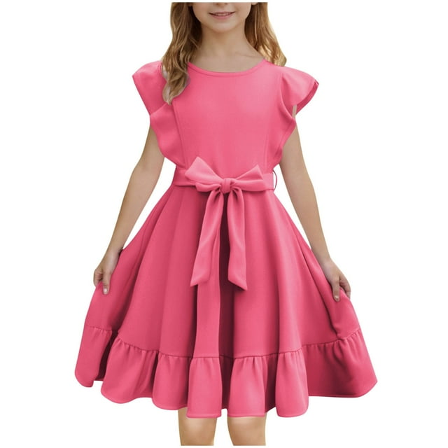 Robes d'Été pour Filles à Double Couche, Manches Volantées, Coupe Évasée Fluide, Robe Soleil Décontractée Midi, Rose Vif, 11-12 Ans