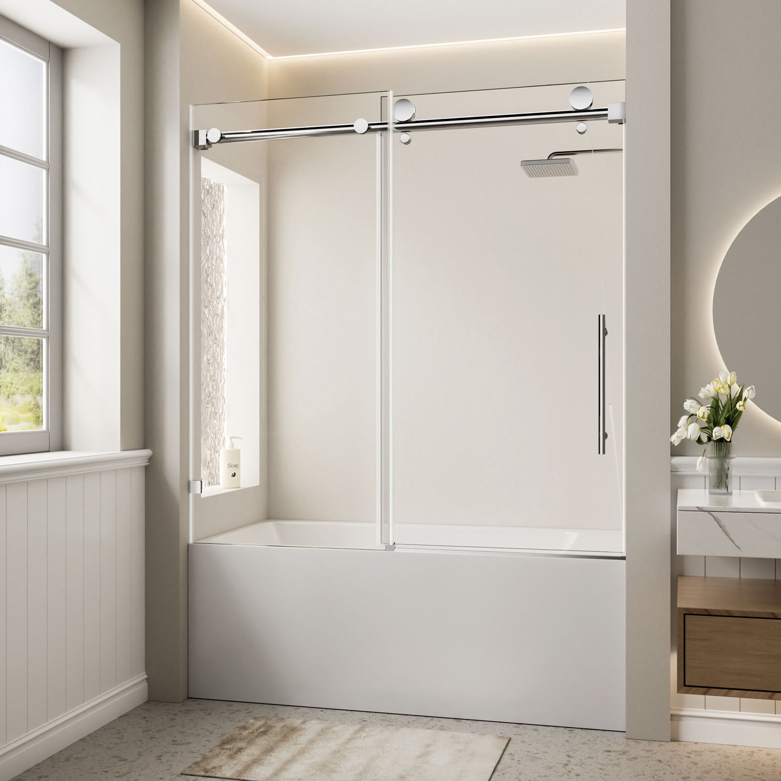 MAYEERTY Frameless Single Sliding Bathtub Door, Chrome, 5/16" Tempered Glass with Explosion-Proof Film, Waterproof & Reversible Installation