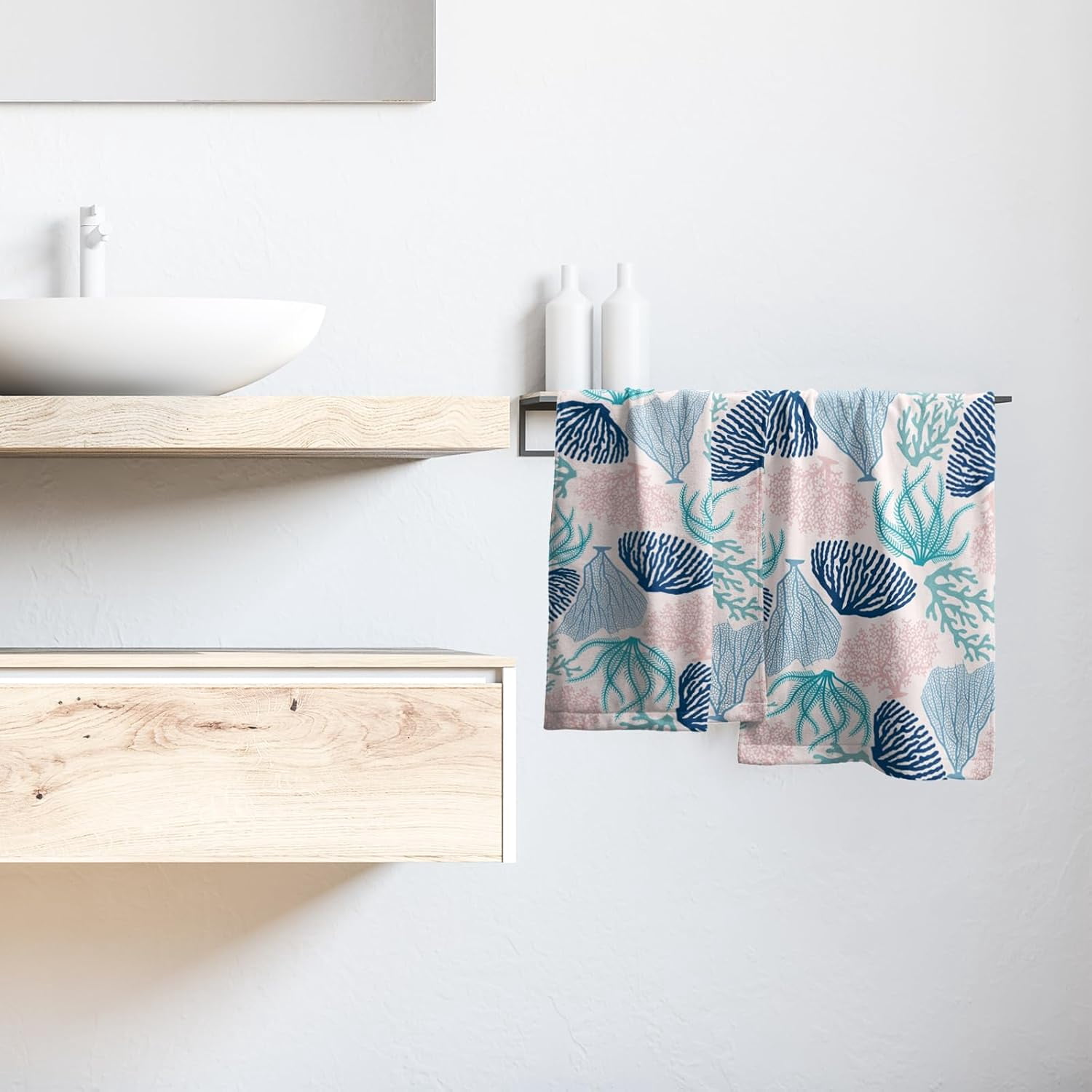 Coastal Blue Coral Hand Towels 28 x 14 Inch Pack of 2, Navy Teal Pink Ocean Marine Soft Absorbent Decorative Towel for Gym Spa Home Bathroom Kitchen