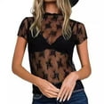 thumbnail image 5 of URTERYSER Short Sleeve Mock Neck Floral Lace Crop Top Solid Color Fitted Baselayer T-Shirt for Women Night Out Sheer Mesh Blouse Black, 5 of 9