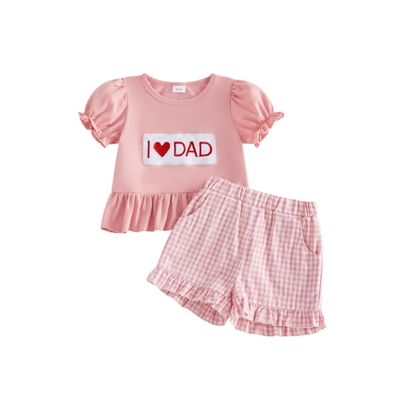 BemeyourBBs Toddler Baby Girl Summer Clothes Infant Baby Girl Fathers Day Outfit I Love Dad Letter Embroidered Ruffled Trim Short Sleeve T Shirt Tops and Pockets Plaid Shorts 2 Pcs Set