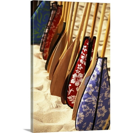 Premium Canoe Paddle Wall Decor - Great BIG Canvas | Dana Edmunds Premium Thick-Wrap Canvas entitled Hawaii, Paddles With Aloha Print Covers Lined Up Across Sand