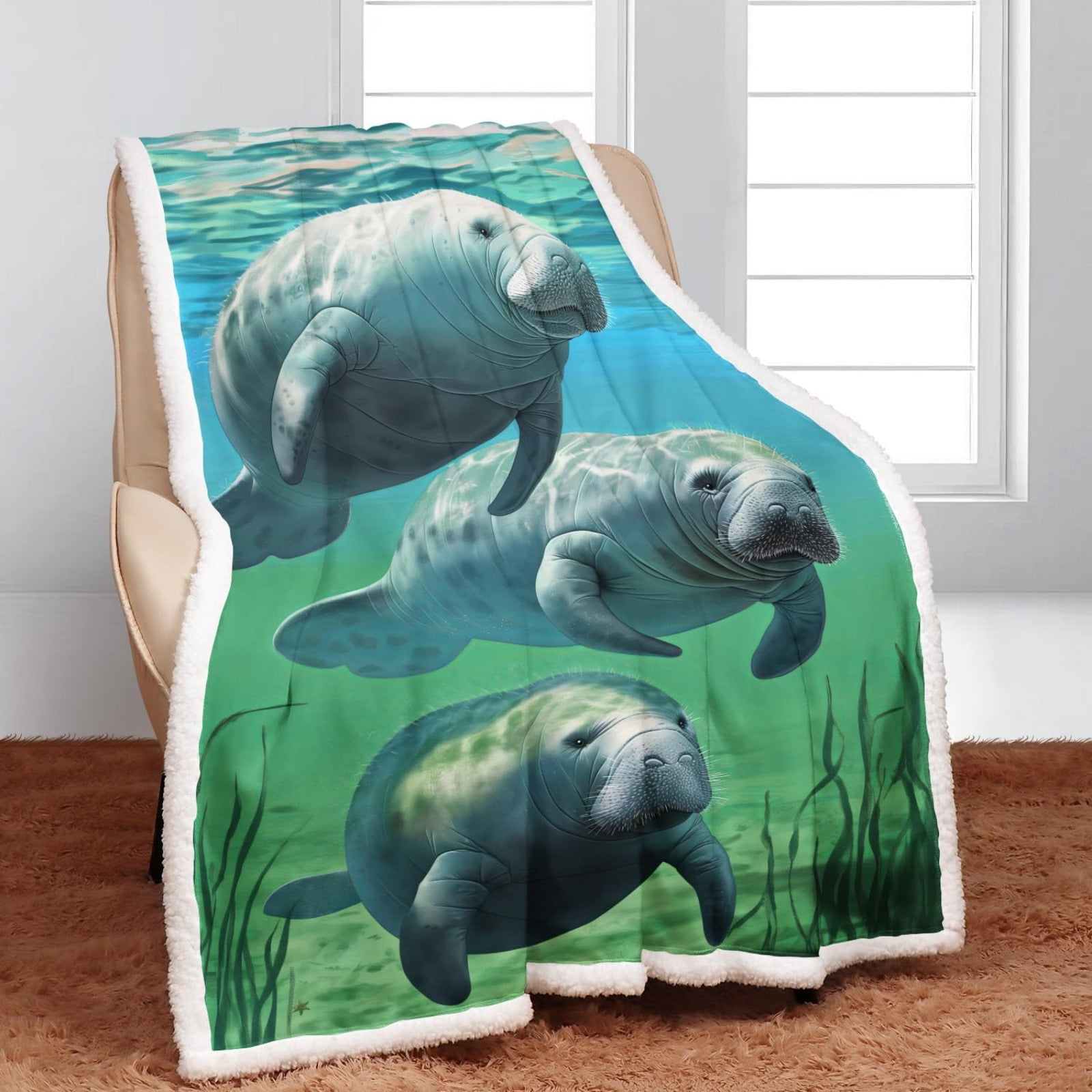 50" x 60"Animal Print Fleece Throw Blankets for Couch Sofa Bed, Manatee Family Sherpa Blanket, Super Soft Warm and Lightweight