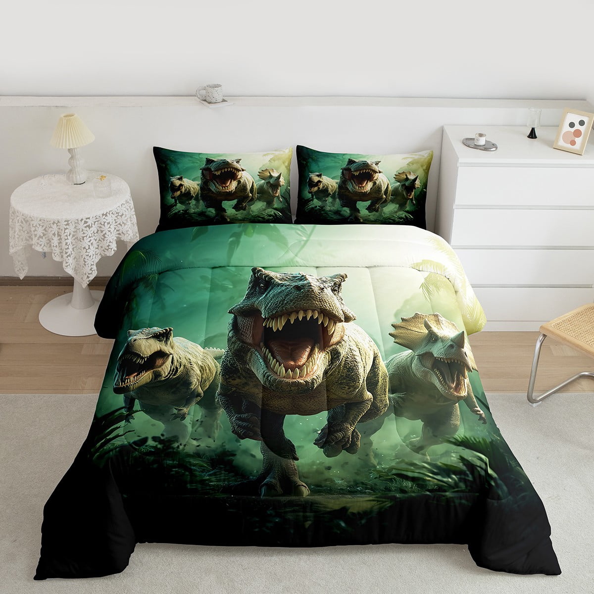 Manfei Boys Dinosaur Queen Comforter Set, Dino Theme Bedding Sets, Jungle Wildlife Bedding Comforter Set, Super Cozy Room Decor Reversible 3 Pieces