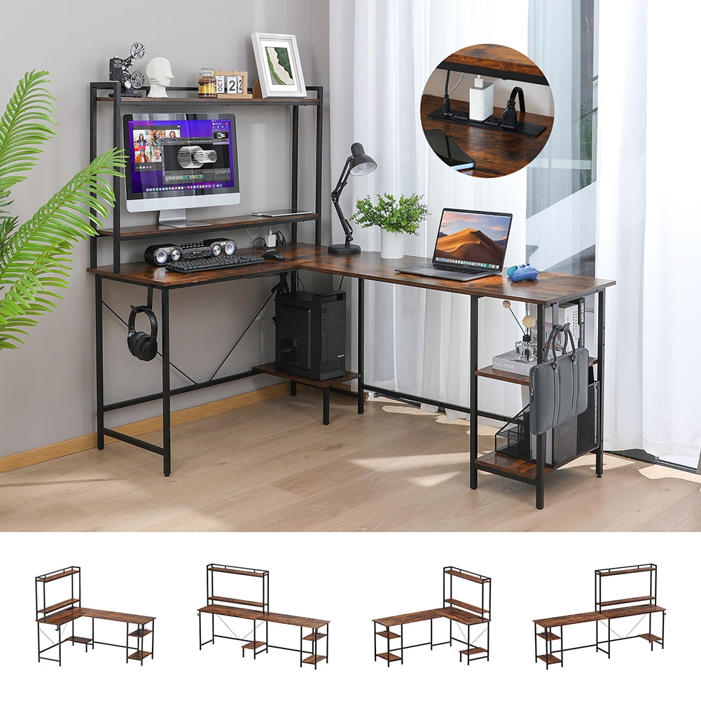 Resenkos 94.5” Computer Desk Console Table, Two Person L-Shaped Gaming Desk Office Desk with Outlets and USB Ports for Home Office, Adjustable Shelf, Brown Resenkos 94.5” Computer Desk Console Table, Two Person L-Shaped Gaming Desk Office Desk with Outlets and USB Ports for Home Office, Adjustable Shelf, Brown
