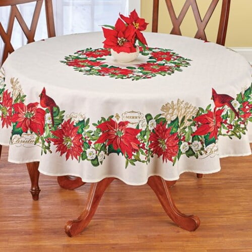 Festive Poinsettia Printed Christmas TableclothRound