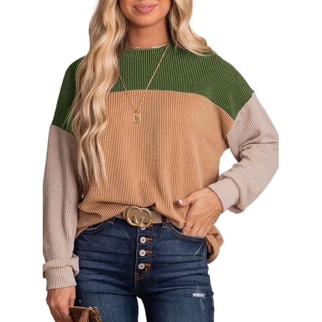 Dokotoo Moda para mujer 2023 Bloque de color Manga larga Cuello redondo Jersey de punto Sudadera Tops