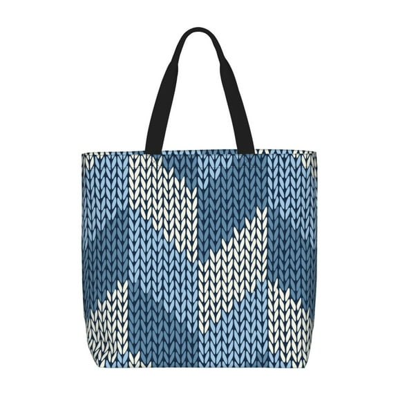Pofeuu Cozy Knitted Blue Chevron Print Tote Bag for Women,Hobo HandBags with Zipper,Large Capacity Casual Shoulder Handbags with Inner Pockets