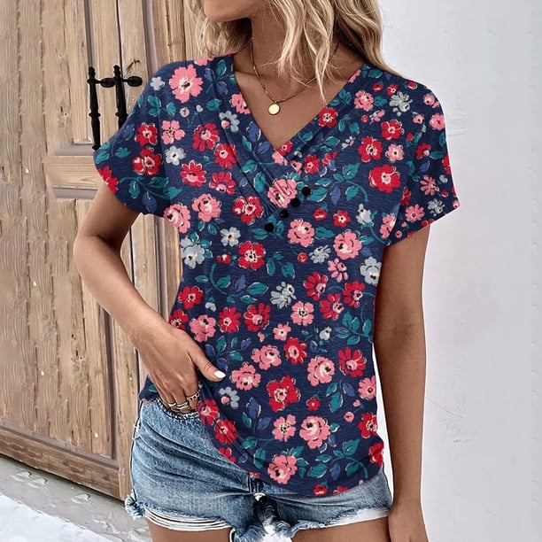 Fiudx Ofertas Relámpago Top Informal de Primavera y Verano de Manga Corta con Cuello En V para Mujer