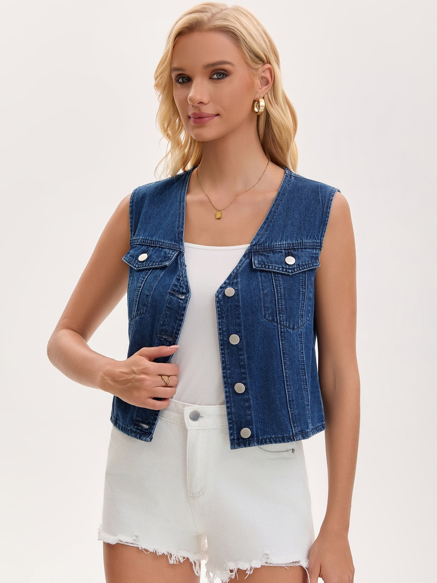 DARING DIVA Women's V Neck Button Up Sleeveless Cropped Denim Vest M Dark Blue