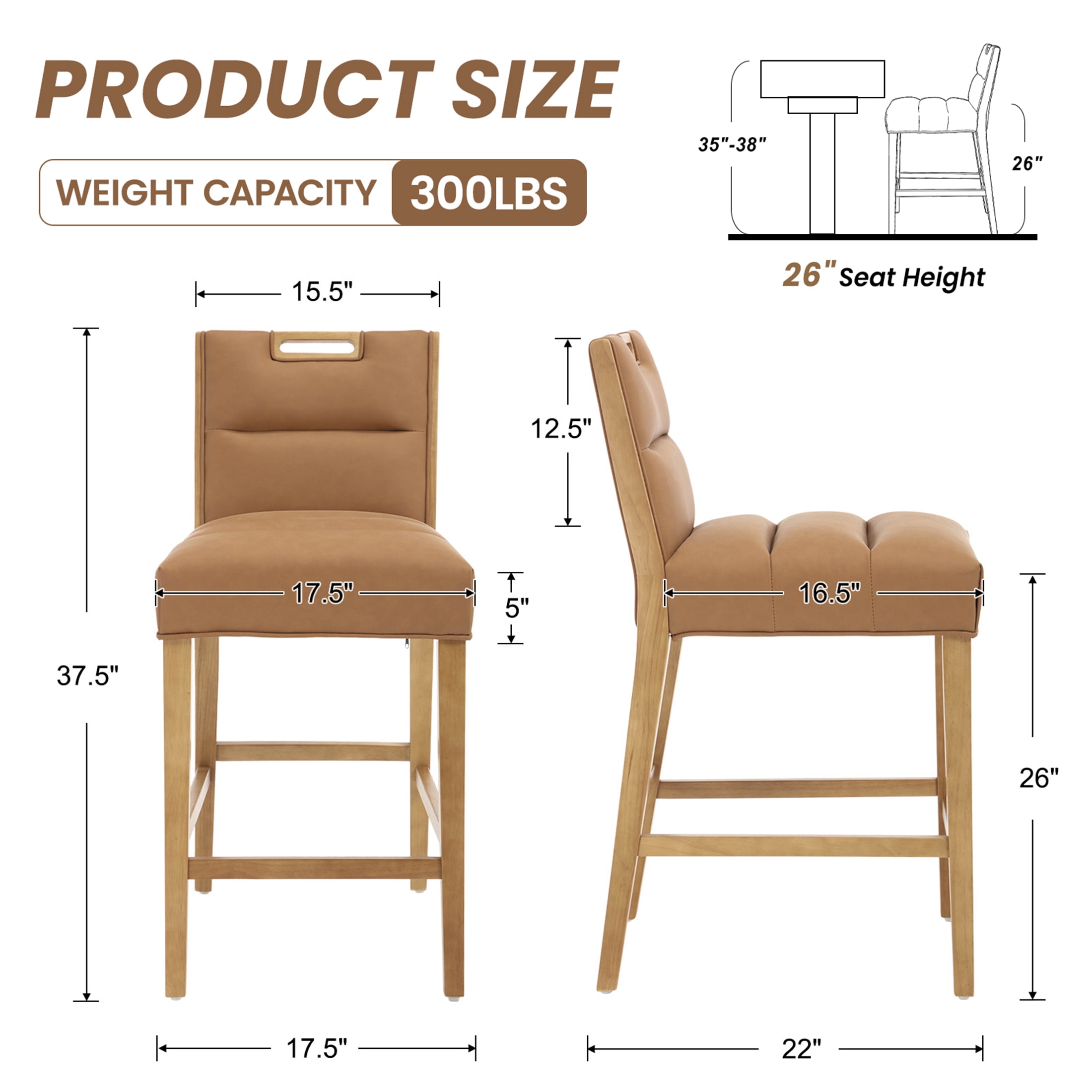 Guyou 26" Modern Bar Stools, Faux Leather Upholstered Counter Height Barstools, Armless Wooden Bar Chairs for Kitchen Island, Home Bar, Brown