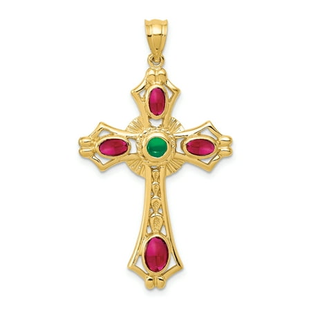 - 14k Yellow Gold Red Ruby Green Emerald Cabochon Cross Religious Pendant Charm Necklace Celtic Iona For Women