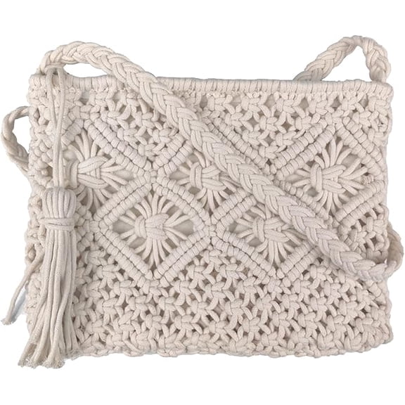 Boho Crossbody Handbag,Handwoven cotton rope Shoulder Bag,Summer Beach Clutches Bags for Women(White)