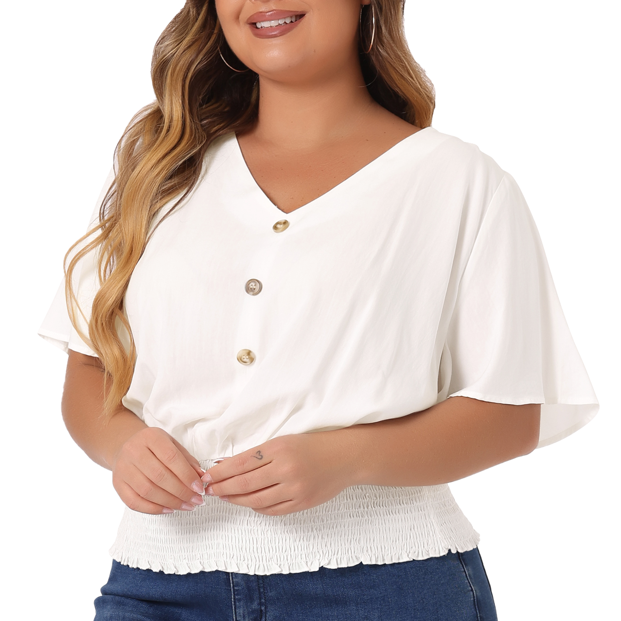 DARING DIVA Women's Plus V Neck Button Up Short Sleeve Shirred Blouse 2X White