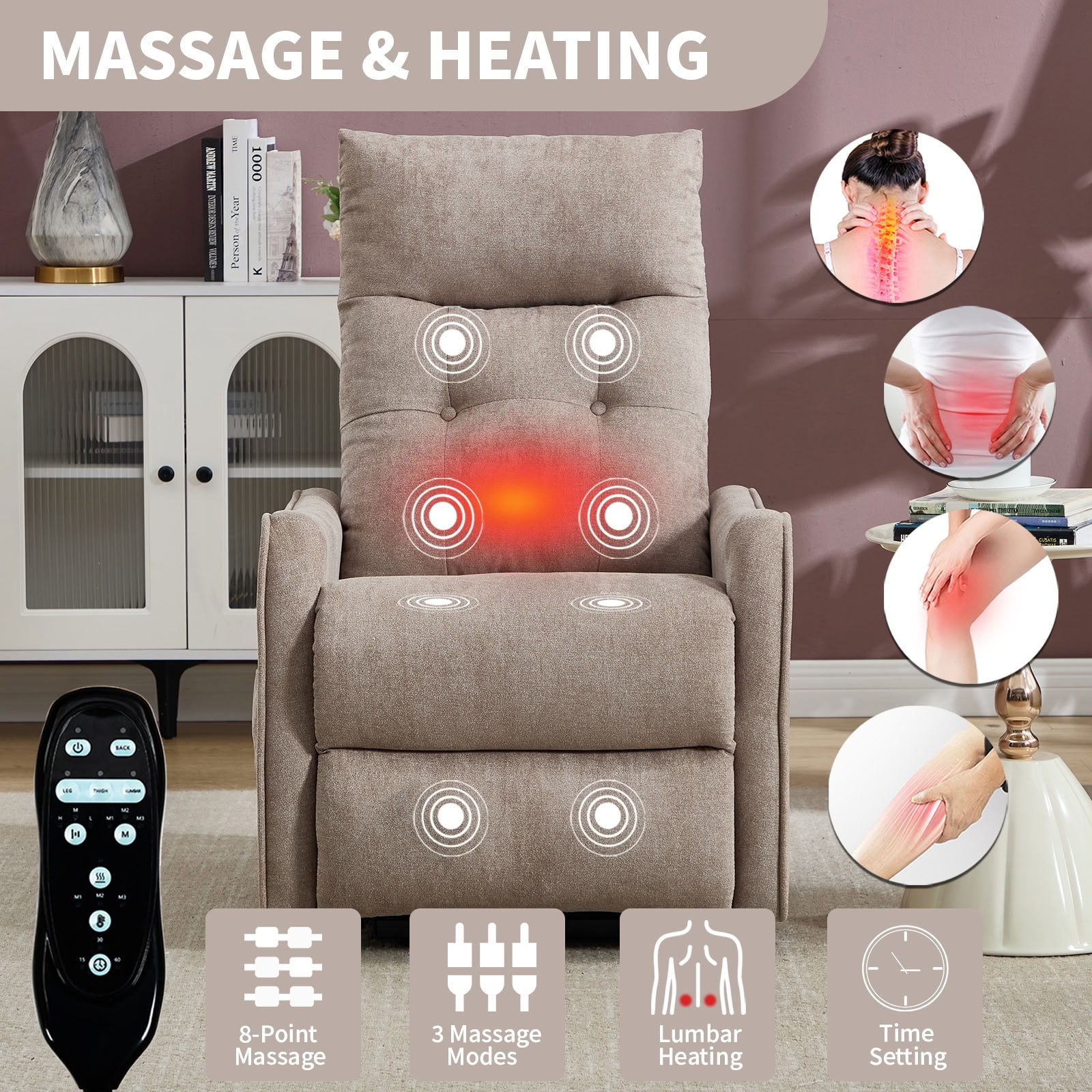 MAYEERTY Chenille Power Lift Recliner Chair for Elderly, Single Motor Electric Lift Chair with 8-Point Massage & Lumbar Heat, USB Charging Port, for Living Room Bedroom