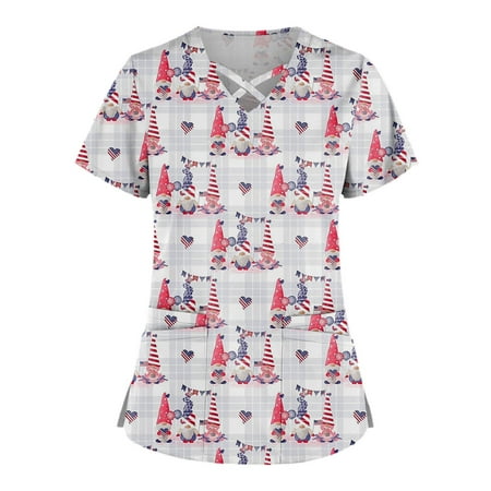 

Royallove Plus Size Cute Printed Scrub Working Uniform Tops for Women 2023 Cross V-Neck Short Sleeve Fun T-Shirts Workwear Tee with Pockets