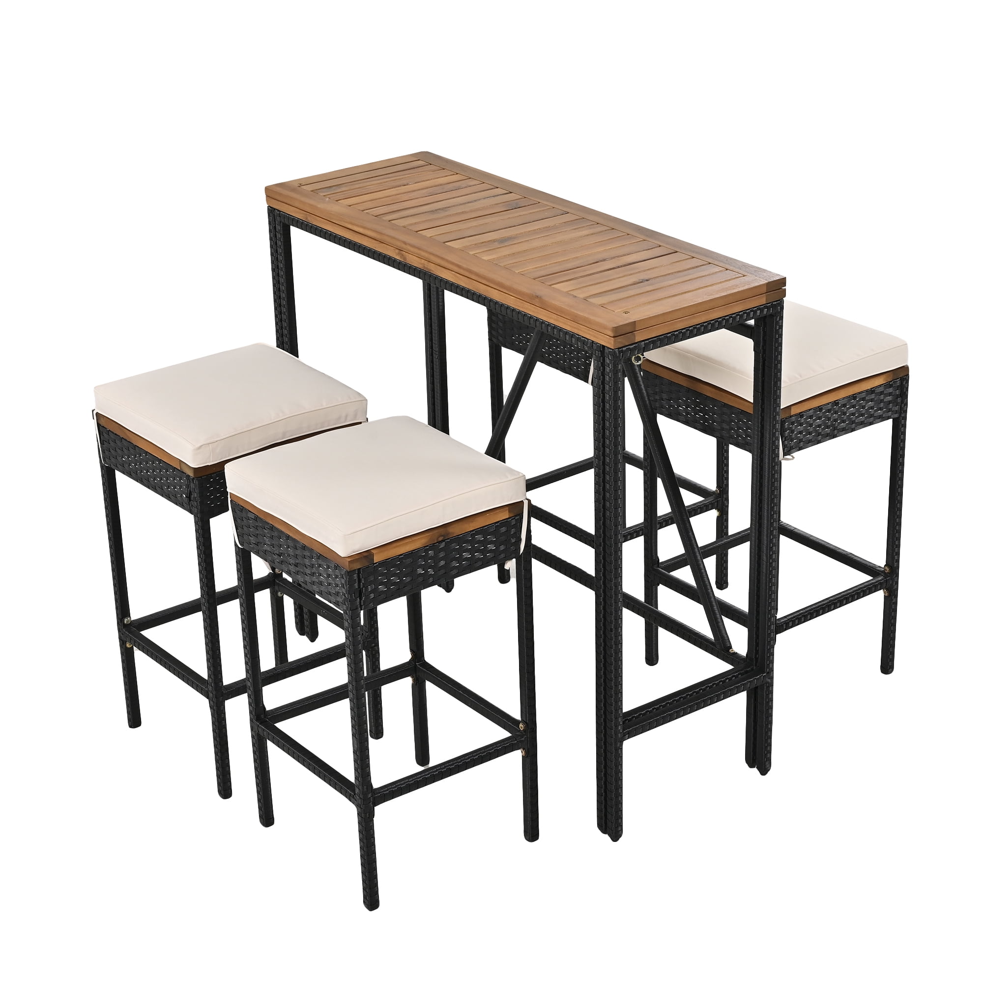 Foldable 5-Piece Outdoor Acacia Wood Bar Height Table Set with 4 Stools and Cushions, PE Rattan Wicker Dining Table for Patio Garden Deck, Brown