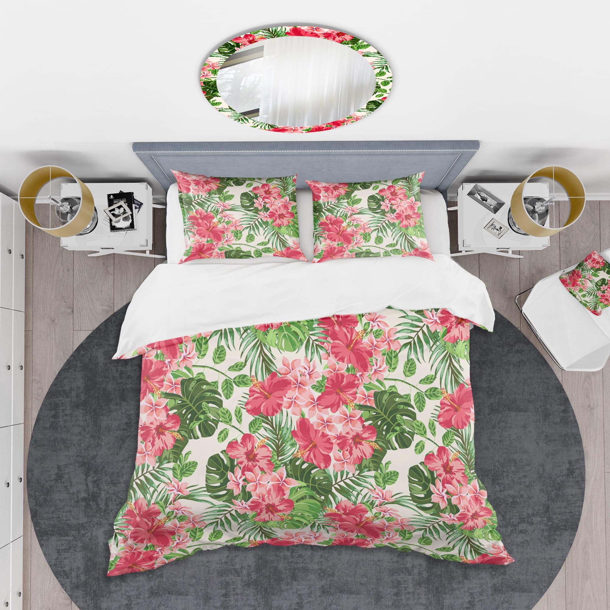 Designart 'Tropical Leaves and Flowers I' Mid-Century Modern Duvet Cover Set