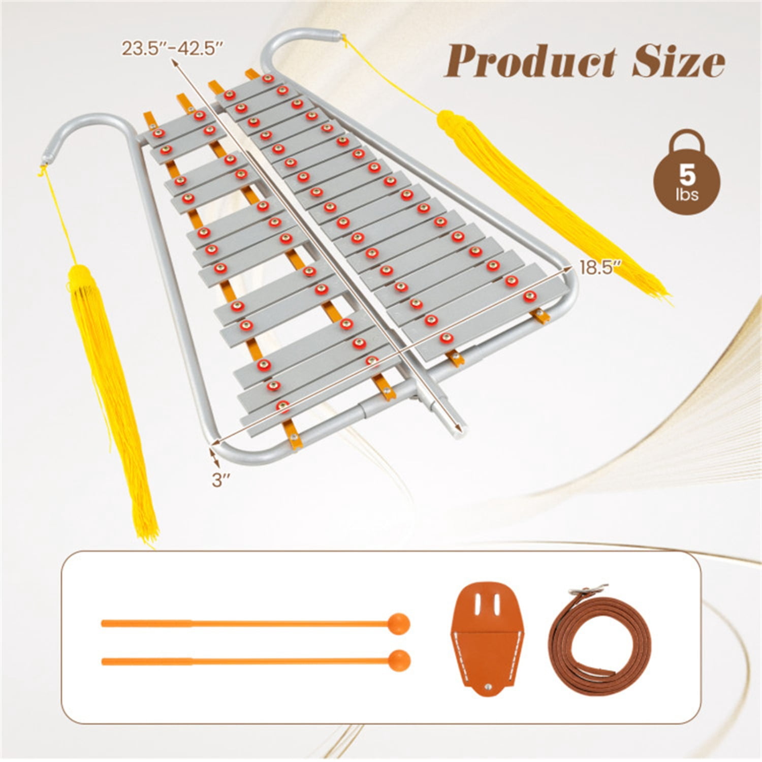 29 Key Marching Glockenspiel Silver Aluminum C5-A7 Tune, Adjustable Length with Mallets & Belt​