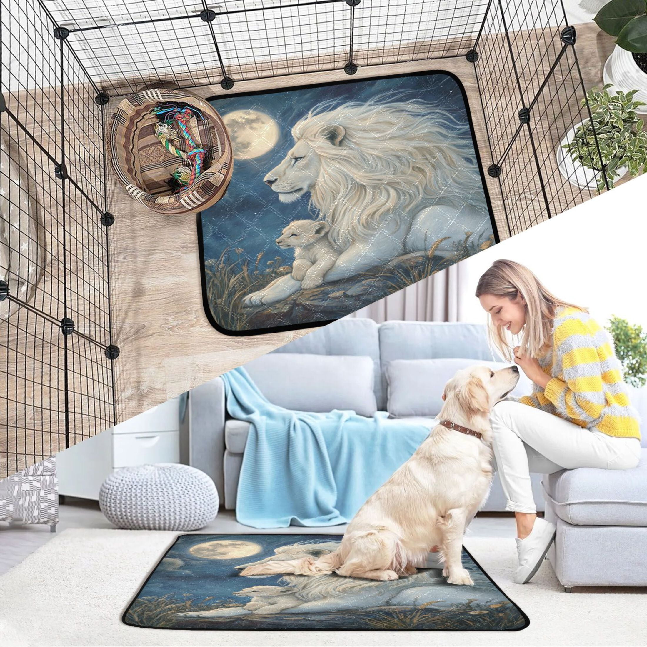 Qxltty White Maned Lion Cat litter Pads Pet Set of 3 Diaper Mats Center Anti-leakage Layer Absorbent Soft and Comfortable