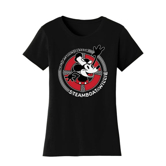 Womens Steamboat Willie T-Shirt - Life Preserver 1928 Classic Cartoon Shirt, Black 3X-Large