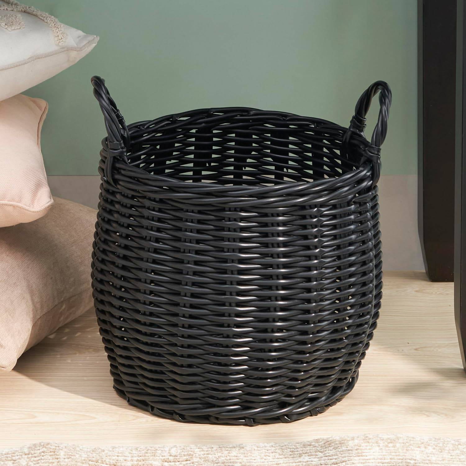 Isidore Round Resin Woven Basket with Handles | Multi-Purpose Organizer for Halloween & Thanksgiving Storage, Laundry, and More (13" x 13" x 10.2" - Black)