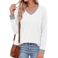 thumbnail image 2 of MOSHU Color Block T Shirts for Women V Neck Long Sleeve Womens Shirts Loose Fall Tops with Pocket, 2 of 10
