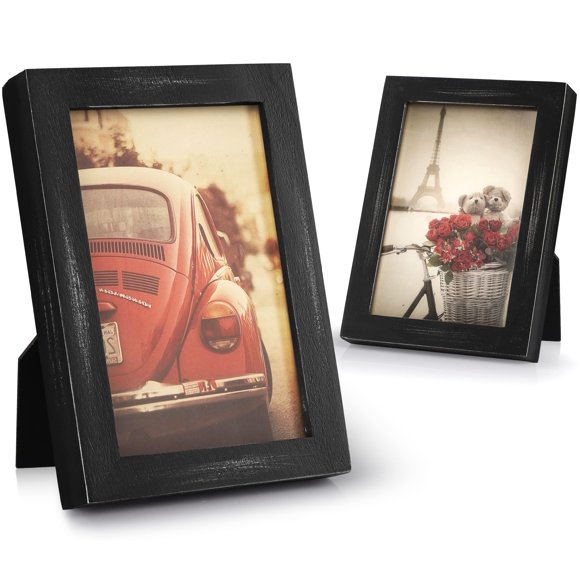 Emfogo Cadre Photo 4x6, Lot de 2 Cadres Photo avec Verre Véritable, Cadres Photo Rustiques en Bois Massif 4x6 pour Décoration Murale (Noir Vintage)