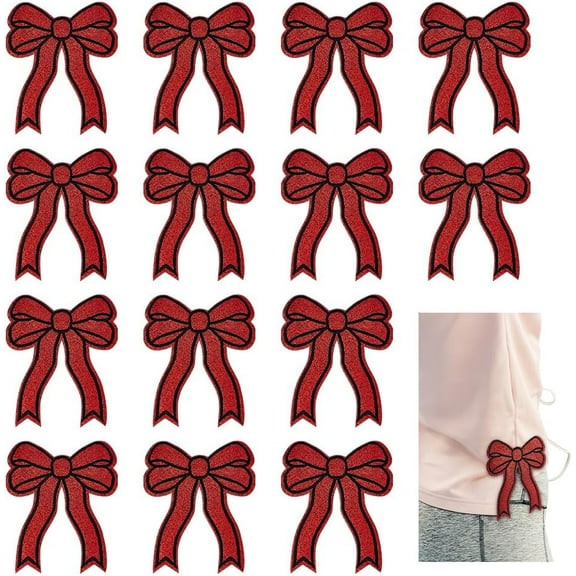 14 PCS Sweatshirt Side Patches Iron on/Sew On Red Bowknot Embroidered Applique Patches Polyester Hot Melt Tie Applique Decorative Bowknot Shape Embellishment for Clothes Decor red