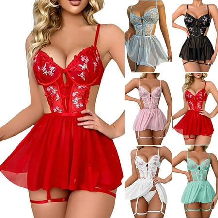 Elainilye Fashion Lingerie for Women Sexy Solid Sexy Waist Retraction Suspended Lace Dress with Underwear Black