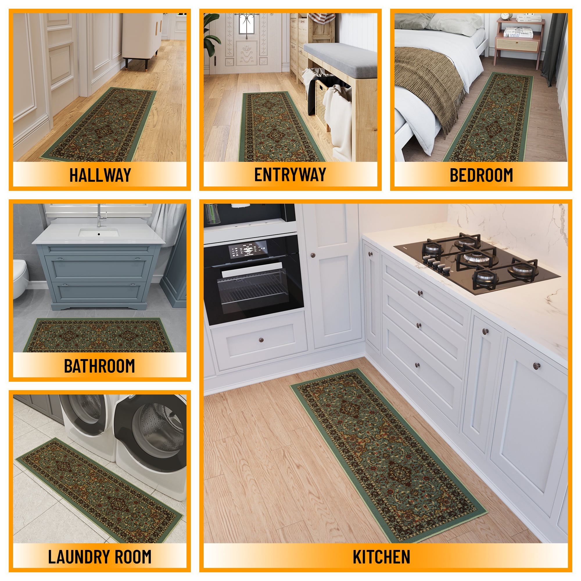 Ottomanson Medallion Bathroom Runner Rug 20" x 59" - Non Slip Low Pile Carpet, Seafoam Green
