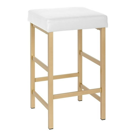 Pemberly Row Modern 26" Gold Backless Stool in White Faux Leather