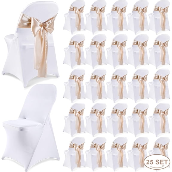 Folding Chair Cover Set with Stretch Spandex Slipcovers and Satin Chair Sashes Bows Ribbon Washable Banquet Protector for Wedding Event Party