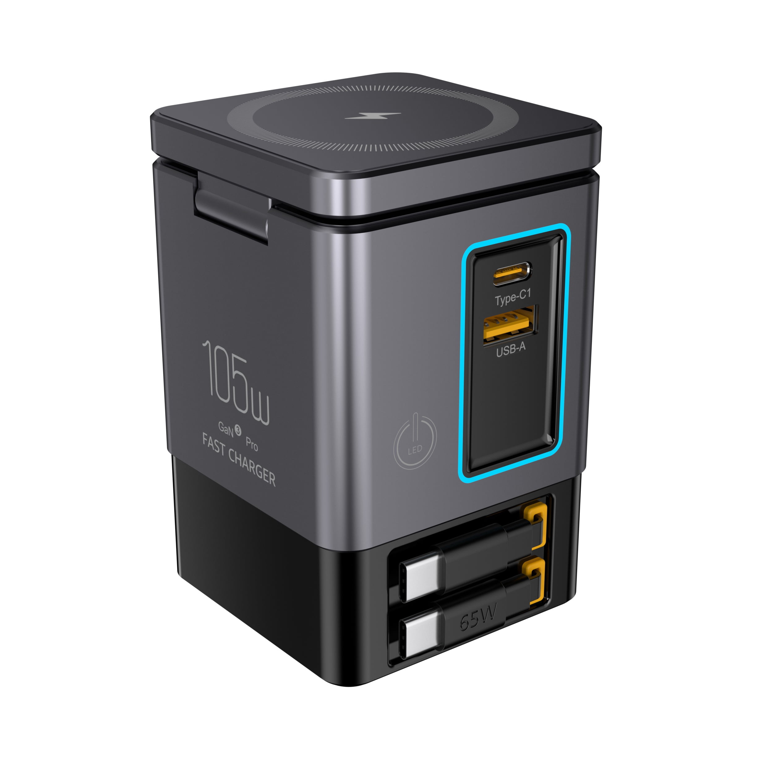 105W Black 6-in-1 GaNFast™ Charging Station Total Output, 15W MagSafe Wireless Charger, PD65W Retractable Type-C Cable, PD20W Retractable Lightning Cable, PD18W USB-A Port, AirPods Wireless Charger