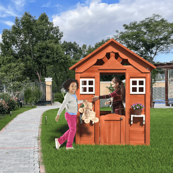UHOMEPRO Wooden Kids Playhouse for Ages 3-8, Kids Outdoor Play House with 2 Window and Flowerpot Holder, Outdoor Toy for Big Kids (42"Lx46"Wx55"H), Golden Red