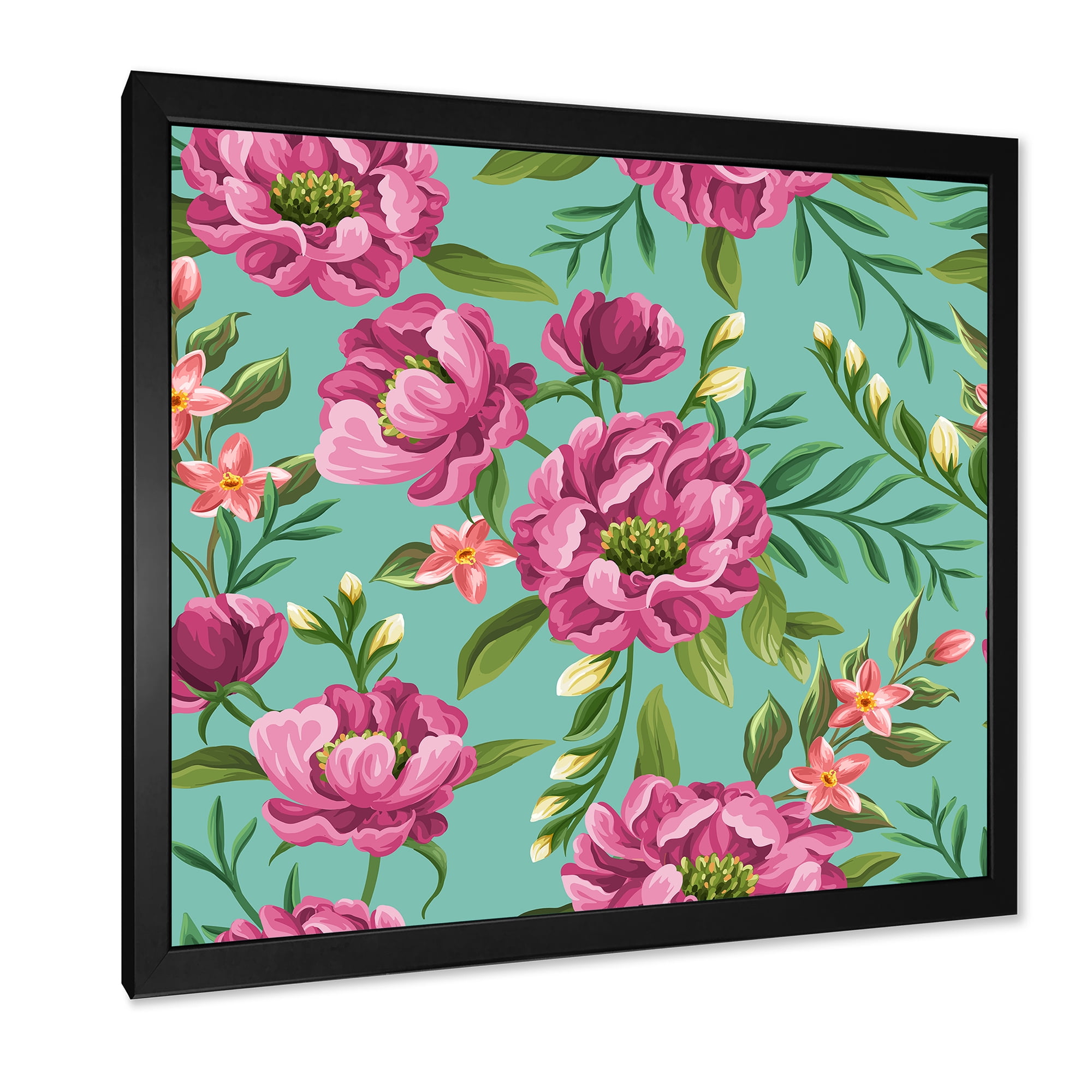 Designart 'Fuchia Pink Flowers On Green VIntage' Traditional Framed Art Print