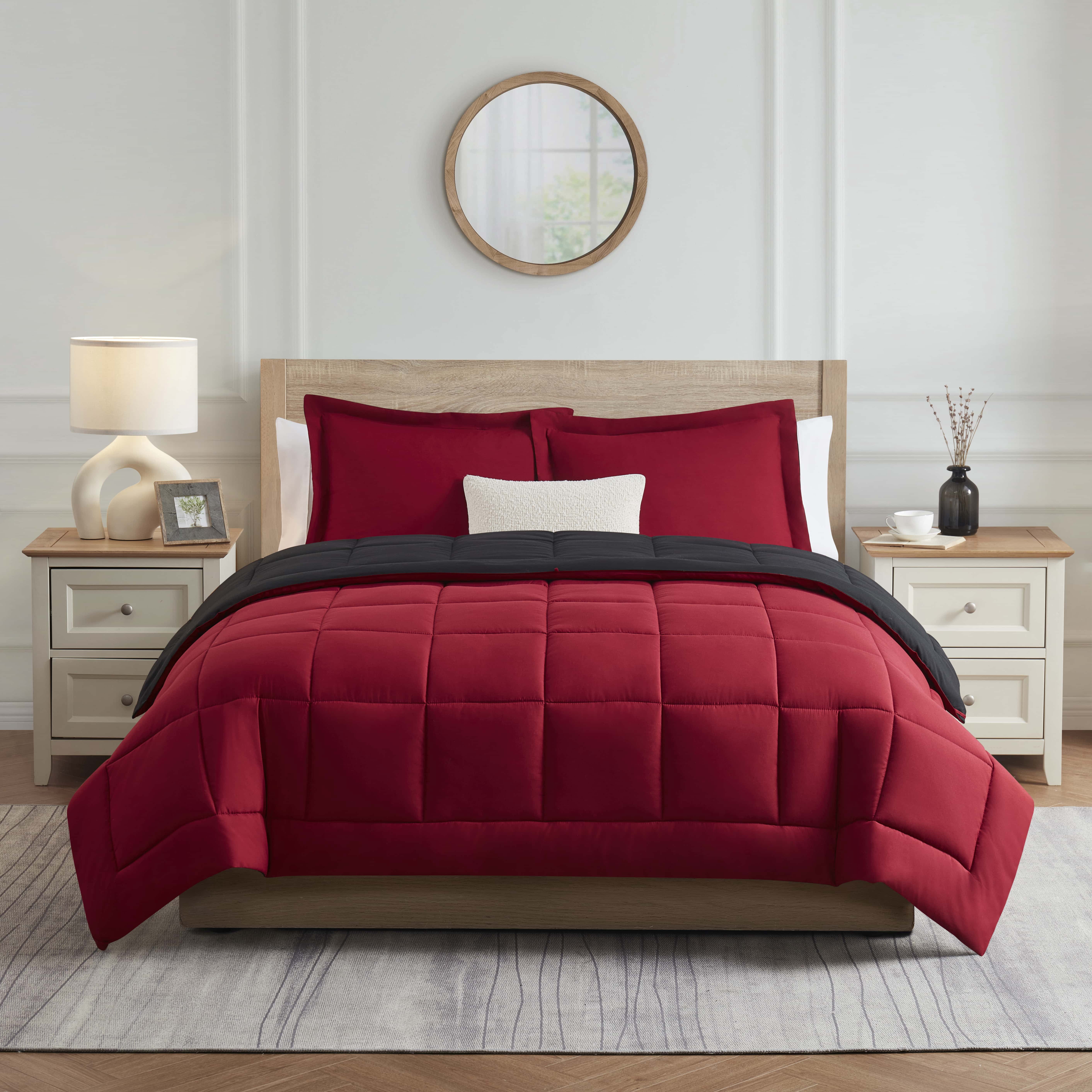 LammaLoe 3-Piece Full Size Comforter Sets, Reversible Bed in a Bag, Burgundy/Black, Quilted Bedding Comforter Set
