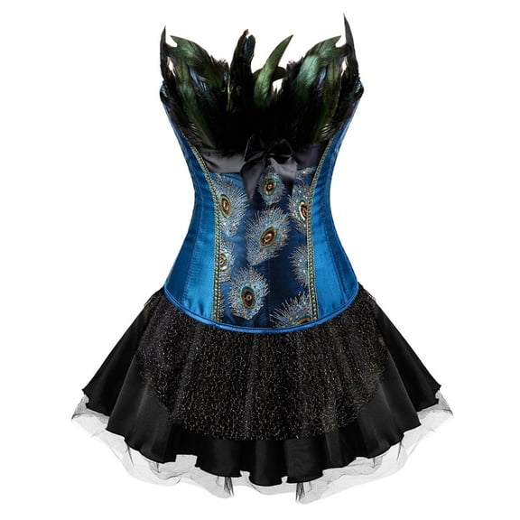 Grebrafan Peacock Feather Satin Corset with Goth Skirt Women L Blue Black