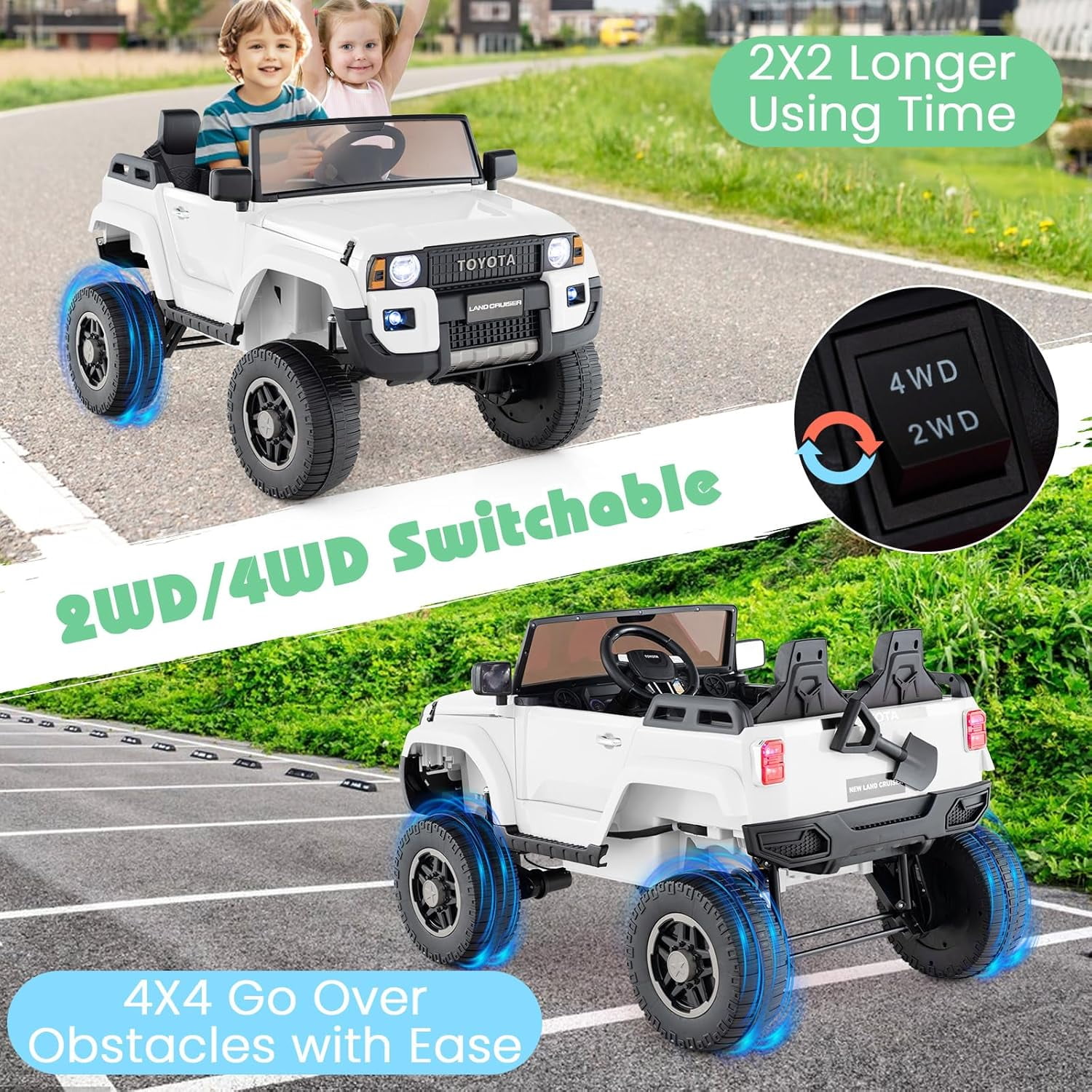Licensed Toyota LC250 24V 2 Seater Ride on Truck by OLAKIDS, 2WD/4WD Battery Powered Vehicle with Remote Control, 3 Speeds, Music, Lights, Kids Electric Car for 3+ Boys Girls