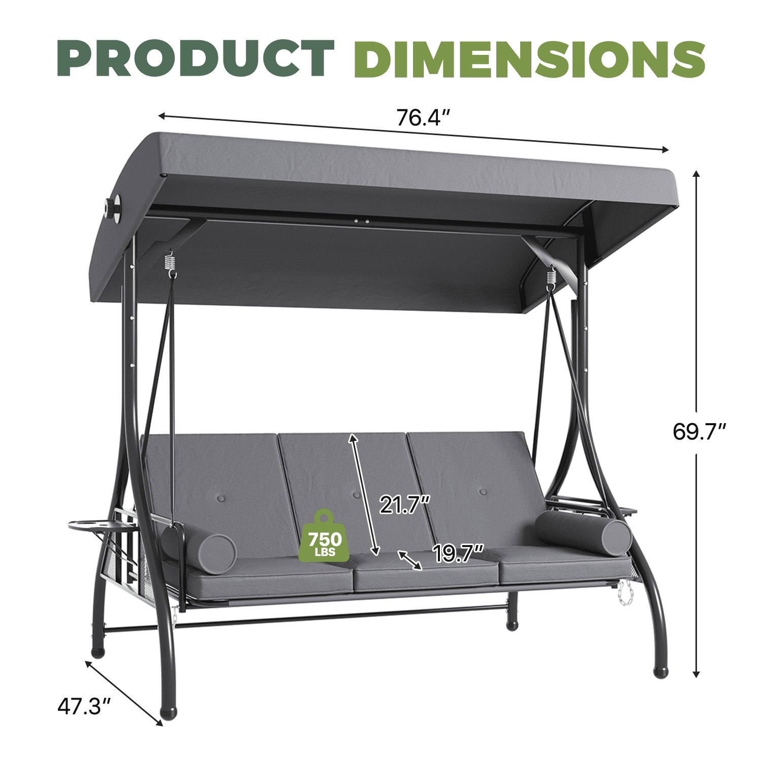 BaPiPro 3-Seat Metal Patio Swing with Adjustable Canopy, Cushions, Foldable Side Table, 2-in-1 Design for Patio, Garden, Porch, Gray