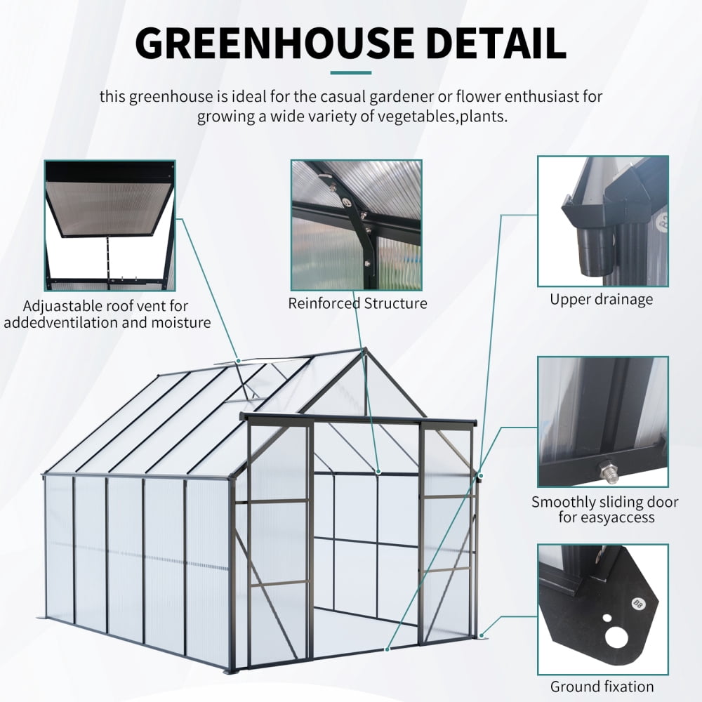 8x10FT Double Door Polycarbonate Greenhouse - Heavy-Duty Walk-In Design with Raised Base and Anchors. Perfect for Year-Round Gardening in Your Backyard. Stylish Black Finish for Every Season