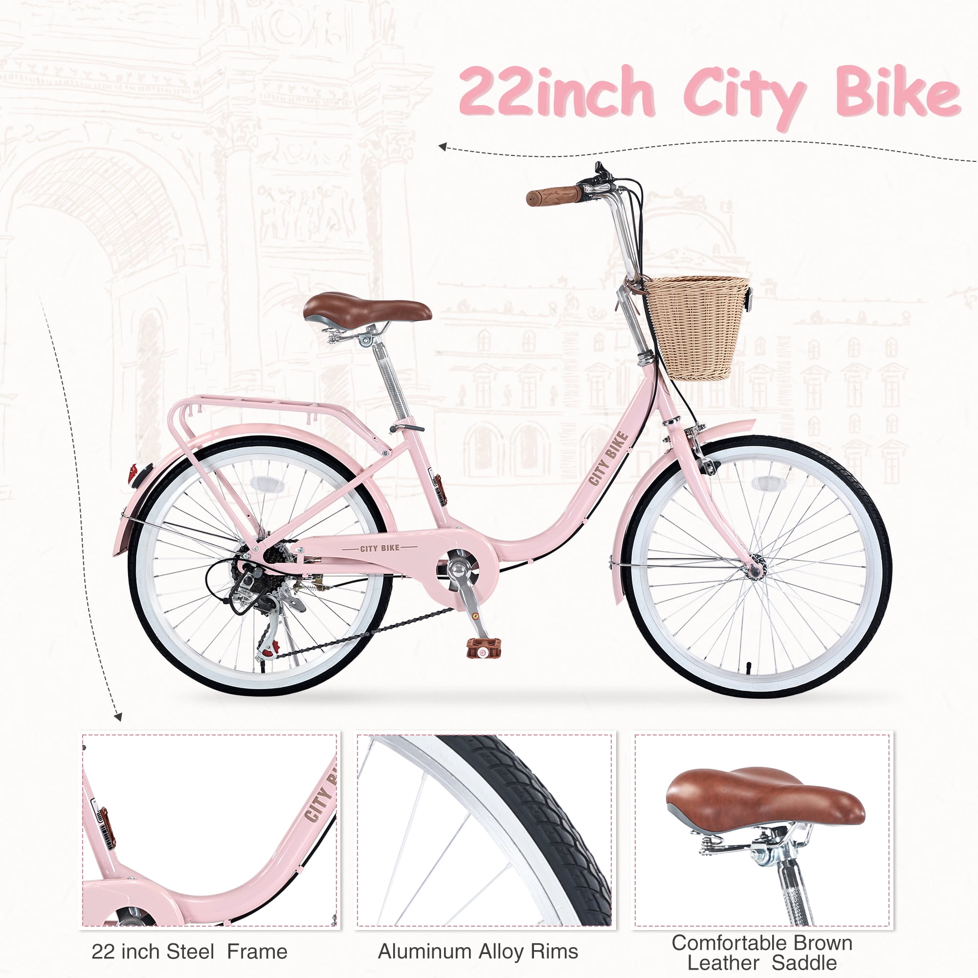 Aukfa Cruiser Bike, Hybrid Bikes with Basket for Girls Kids,Pink