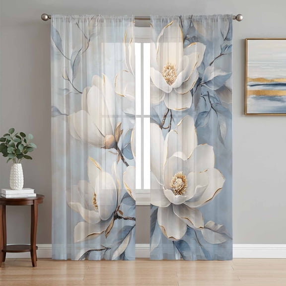 Sheer Curtains 63 Inch Length 2 Panels Set for Bedroom, White Floral Semi Sheer Curtains for Windows, Farmhouse Botanical Flowers Branches Voile Window Treatments Rod Pocket Curtain