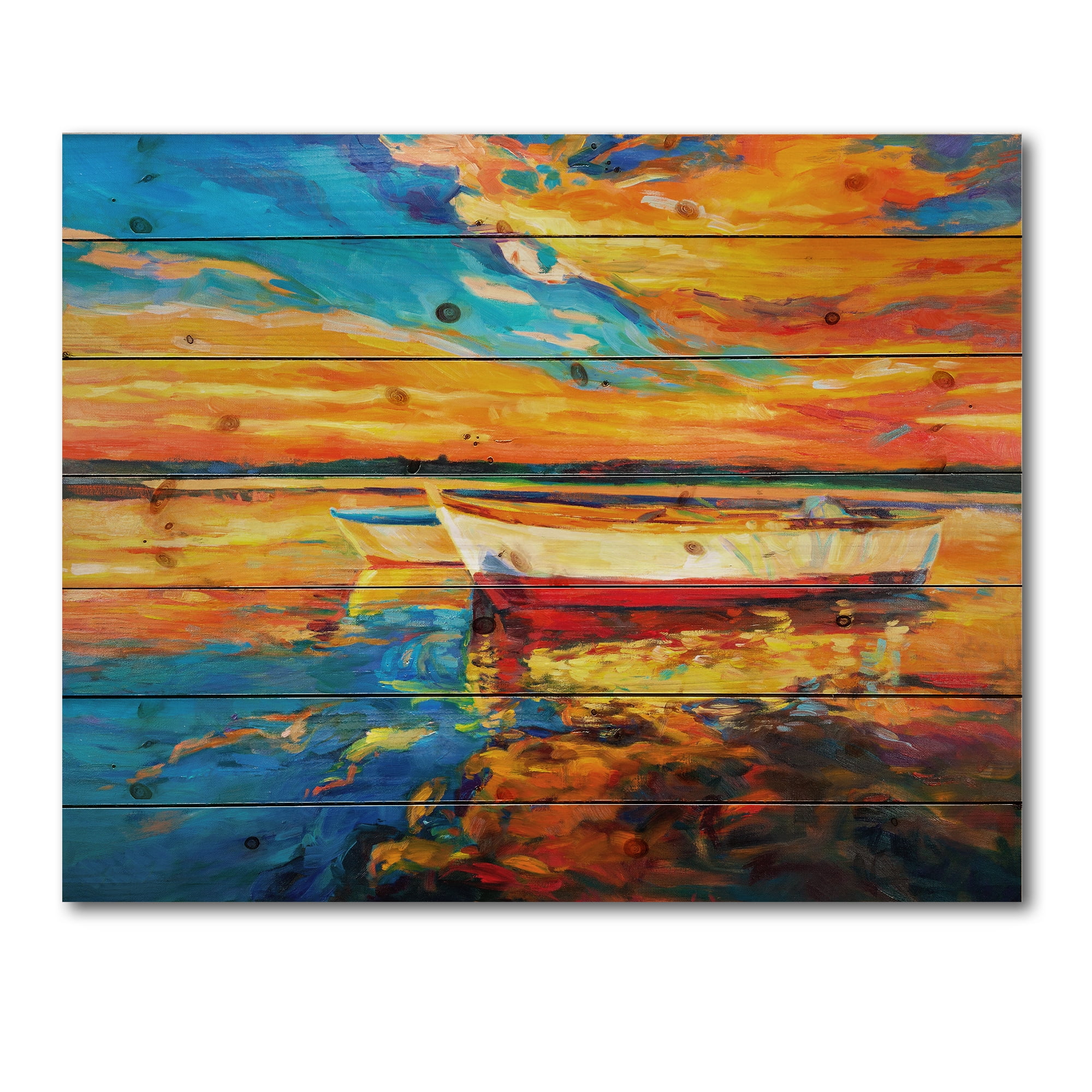 Designart 'Red and White Boats By The Pier At A VIbrant Sunset' Nautical & Coastal Print on Natural Pine Wood